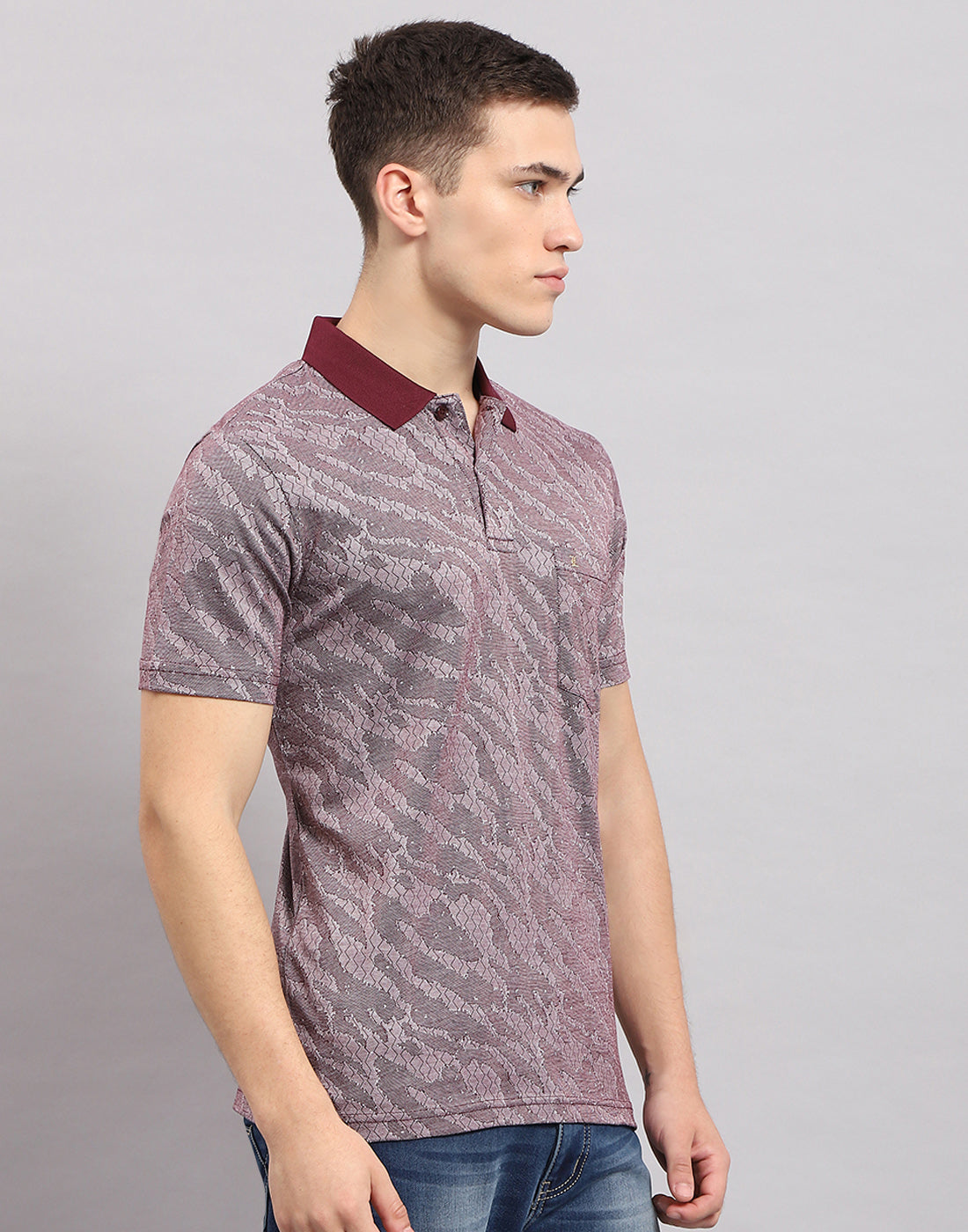 Men Maroon Stripe Polo Collar Half Sleeve T-Shirt