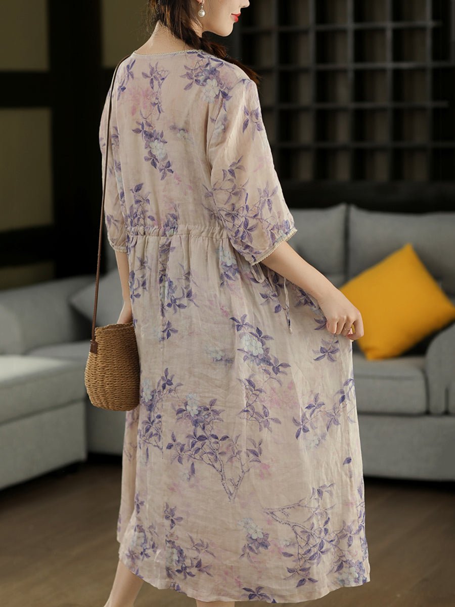 Women Summer Artsy Flower O-Neck 100%Ramie Dress