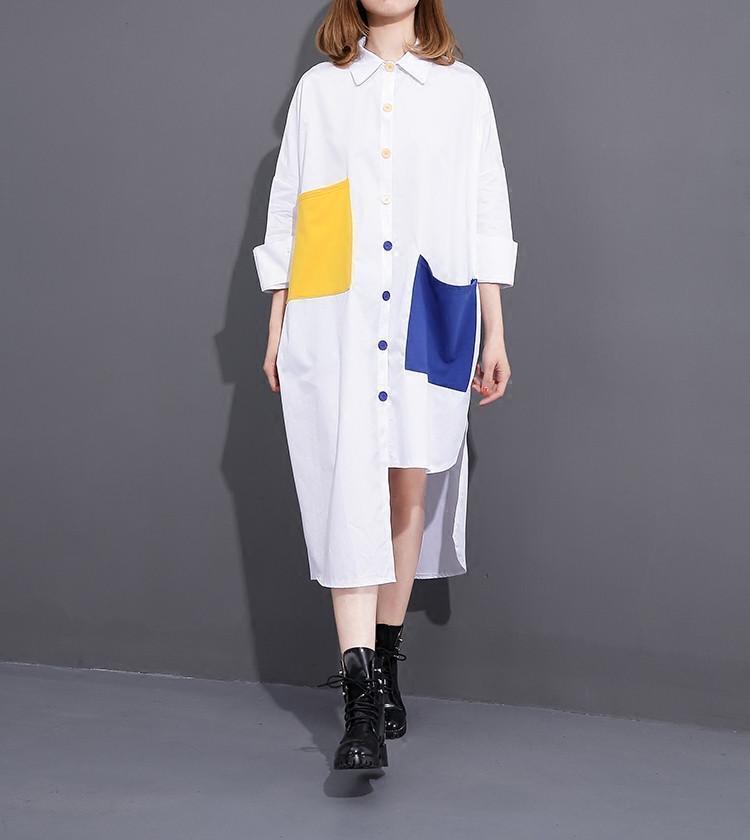 Asymmetrical Yellow And Blue Button Up Shirt Dress