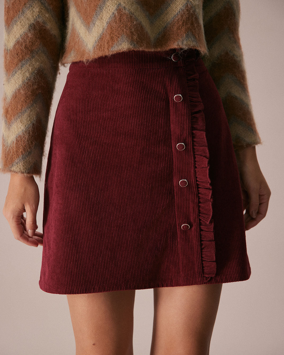 The Red Corduroy Ruffle Button Mini Skirt