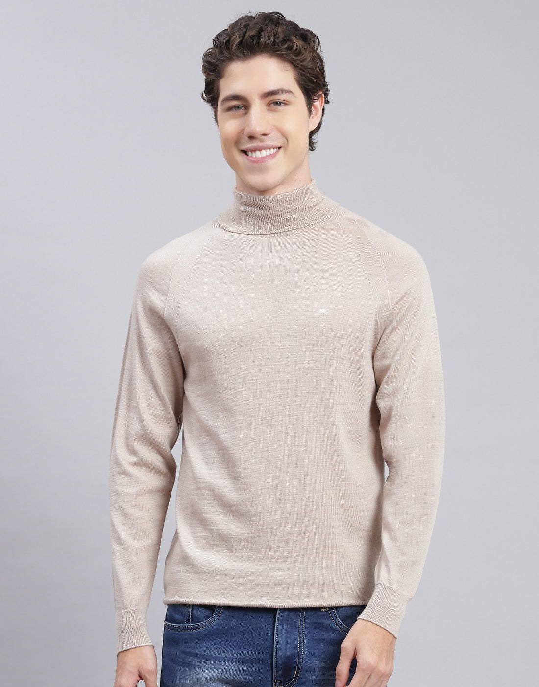 Men Beige Solid High Neck Full Sleeve Pullover