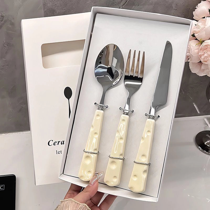 Light Luxury Cutlery And Fork Spoon Cute Cheese Household Portable Stainless Steel Steak Cutlery And Fork Western Tableware Dessert Spoon