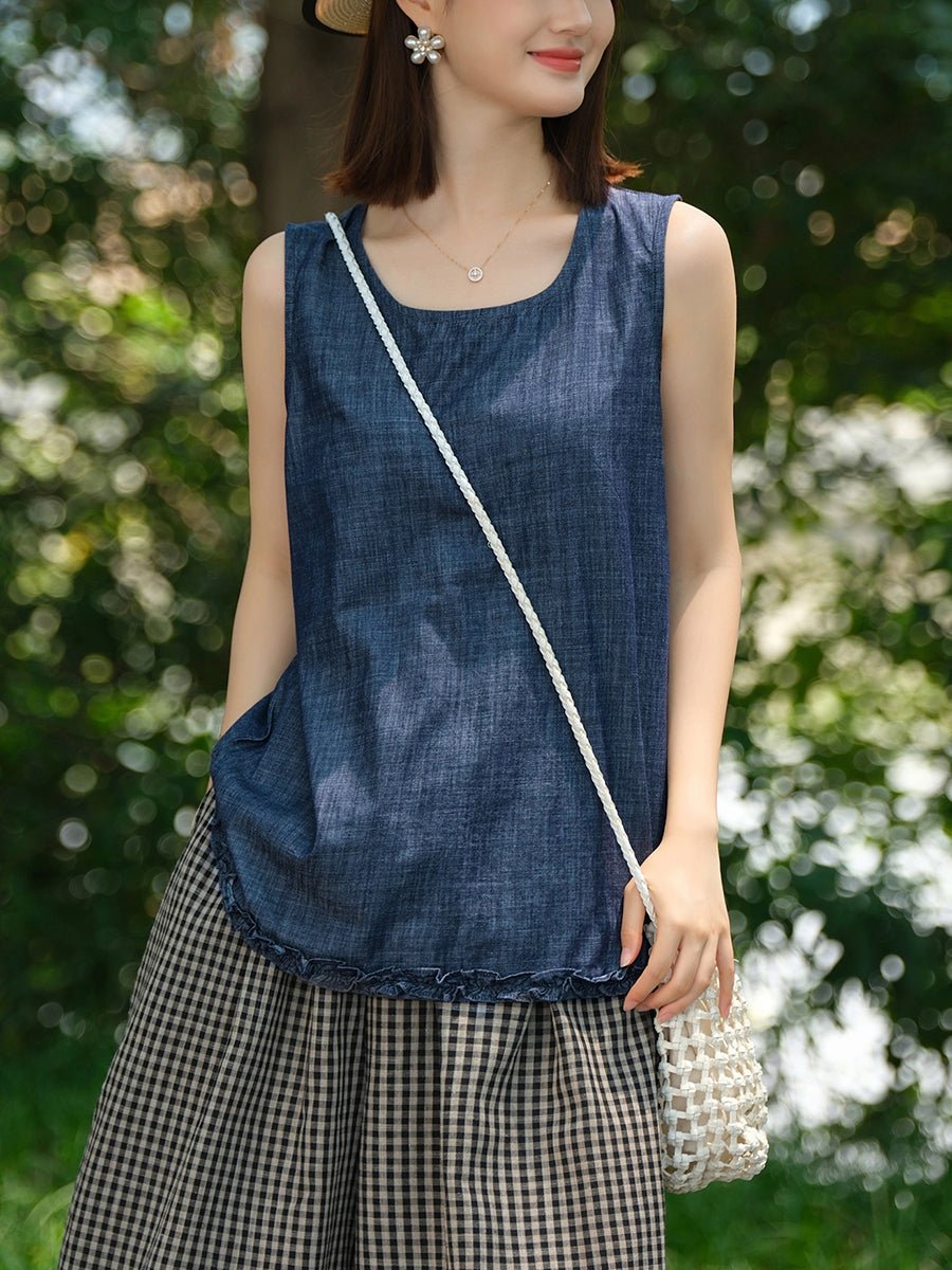 Women Summer Retro Pure Color O-Neck 100%Cotton Vest