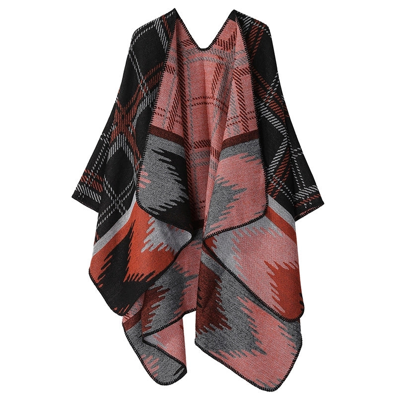 Winter Cashmere Double-sided Plaid Shawl Women's Outer Cape Increased Thickness Warm Knitted Scarf Spot