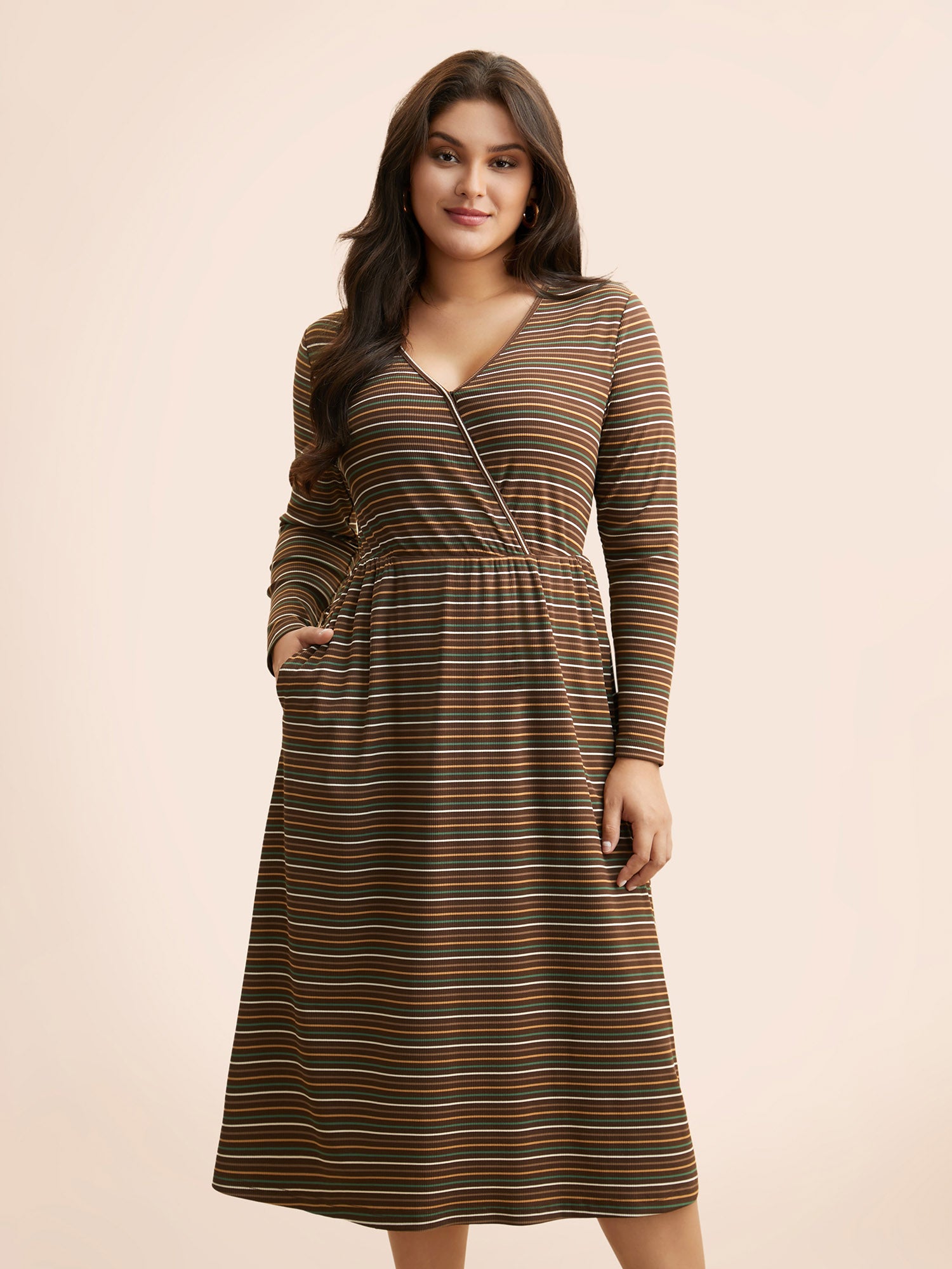 Striped Overlap Collar Midi Dress