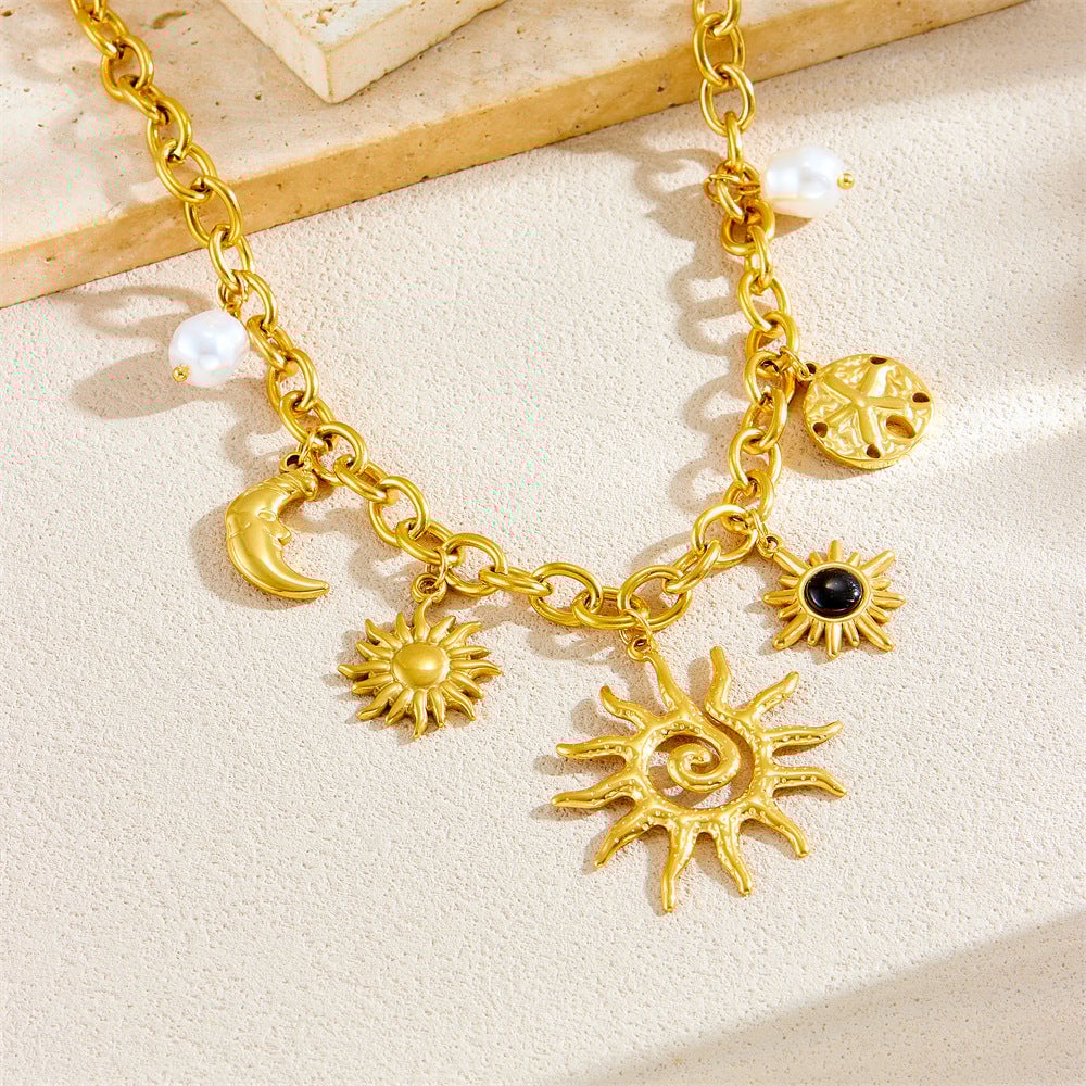 Fashion Gold Plated Stainless Steel Sun Moon Gemstone Pearl Accessories Pendant Chain Necklace