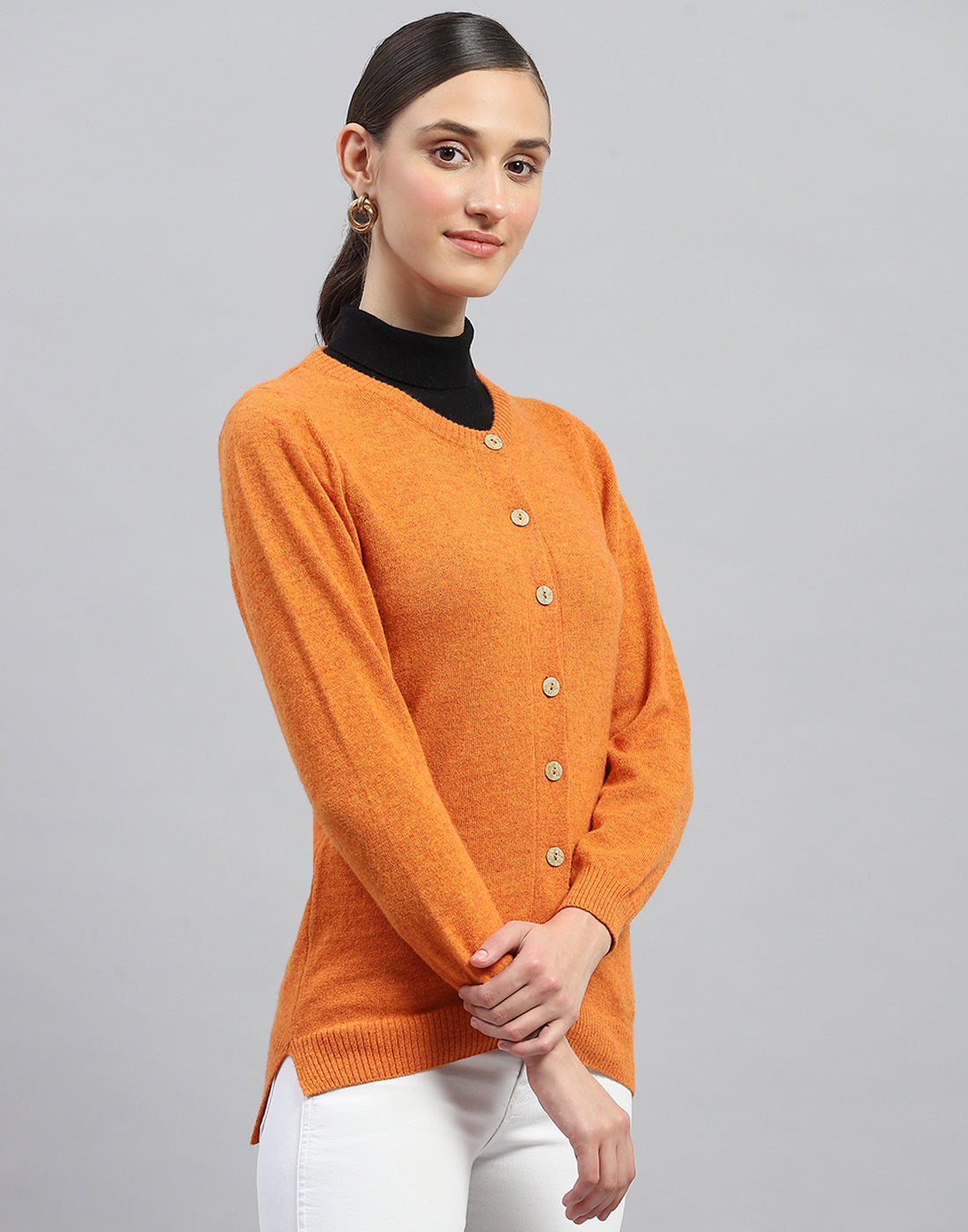 Women Orange Solid Round Neck Full Sleeve Cardigan