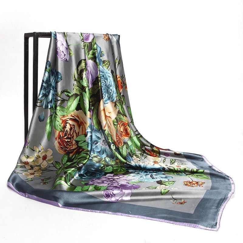 High Wo Silk Scarf Imitation Silk Satin 90cm Square Scarf Plant Flowers Fashion Scarf Women's Wish