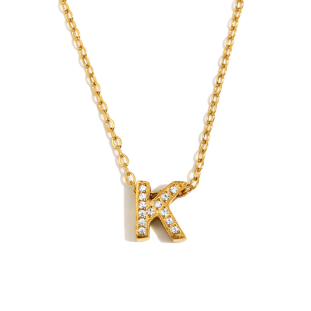 Fashionable And Simple 26 English Letter Pendant Stainless Steel Plated 18K Gold Diamond Small Letter Necklace For Women