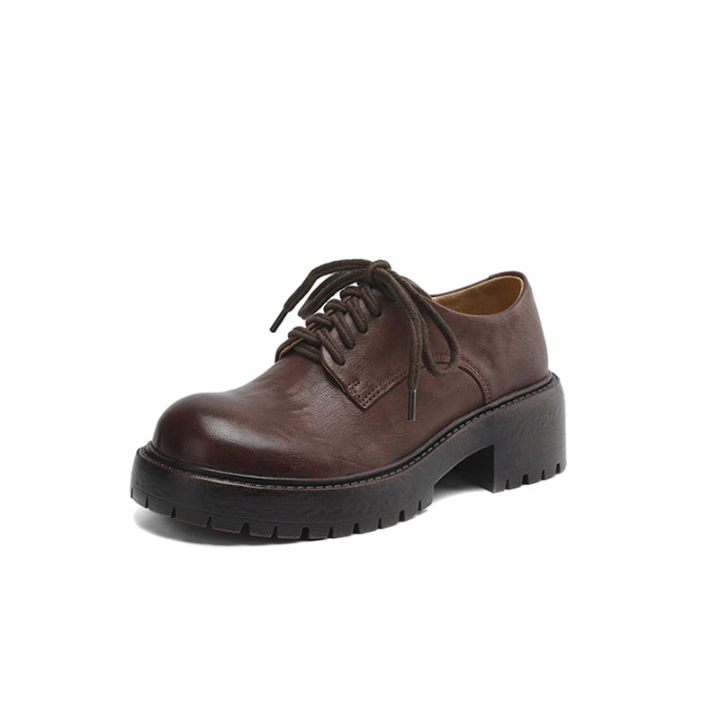 50mm Heel Vintage Waxed Cow Leather Chunky Oxford Shoes in Black/Brown