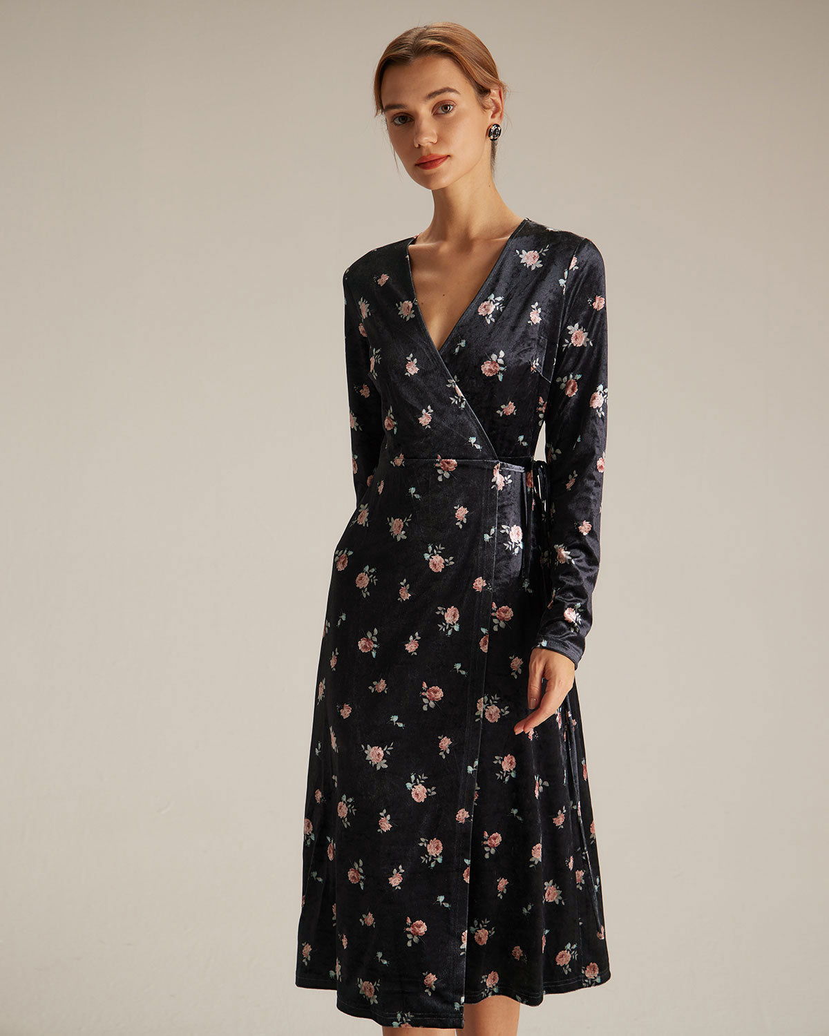 The Black V Neck Floral Velvet Wrap Midi Dress