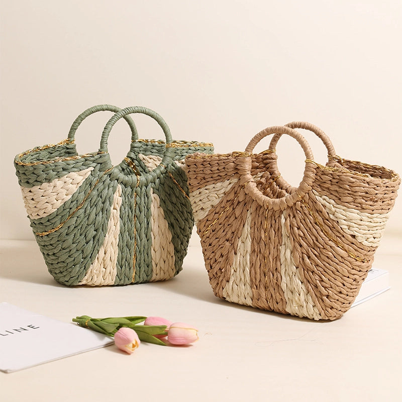 Women's Medium Straw Color Block Vacation Classic Style Weave Bucket Open Straw Bag