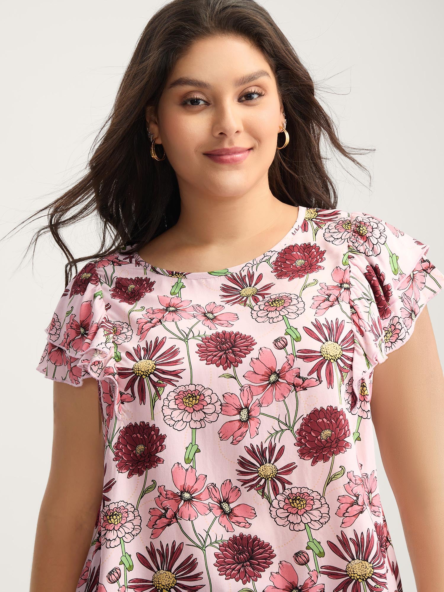 Large Floral Print Layered Sleeve Blouse