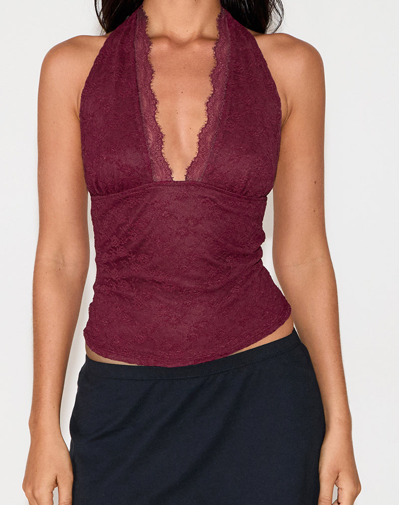 Matua Halter Top in Clover Lace Maroon