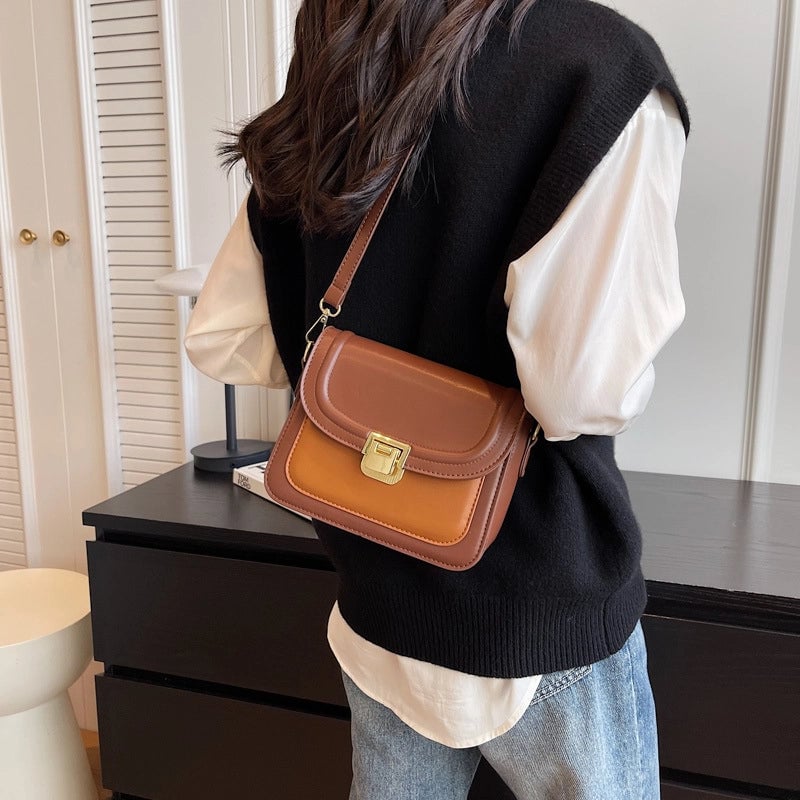 Women's Small Pu Leather Color Block Streetwear Square Lock Clasp Shoulder Bag Crossbody Bag