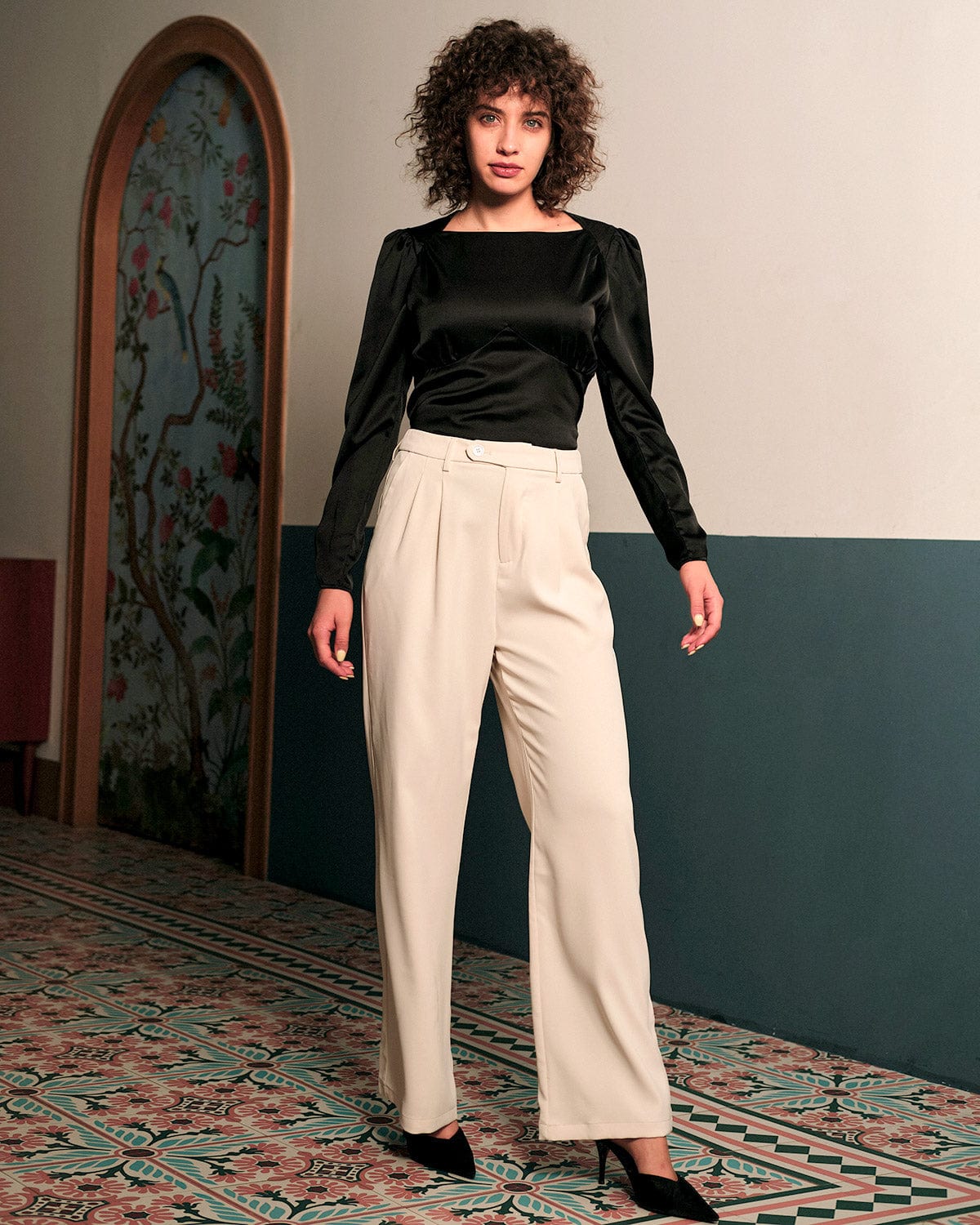 The Solid Puff Sleeve Tie-back Satin Blouse