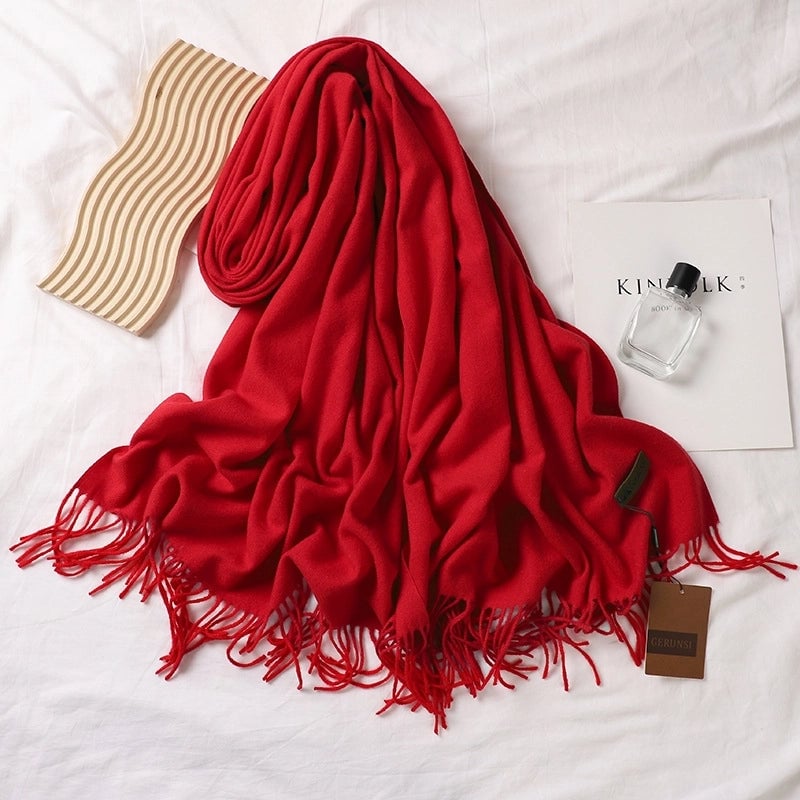 Solid Color Prickly Wool Scarf Women's 300g Ge Run Si Imitation Cashmere Thickened Scarf Japanese Style Plain Scarf For Autumn And Winter