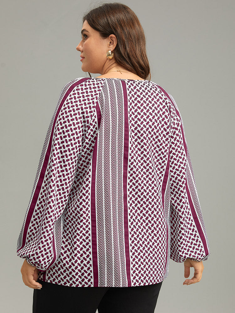 Geo Striped Tie Lantern Sleeve Blouse