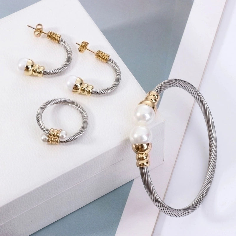 Casual Minimalist Spiral Stripe Stainless Steel Copper Braid Inlay Pearl Rings Bracelets Earrings