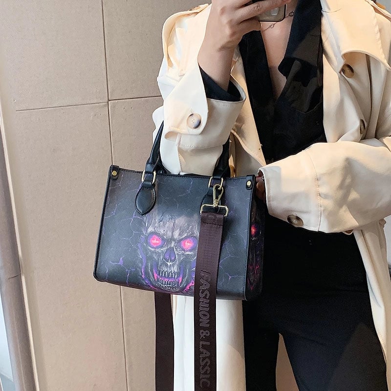 Halloween Women's Small Pu Leather Solid Color Skull Classic Style Square Zipper Tote Bag