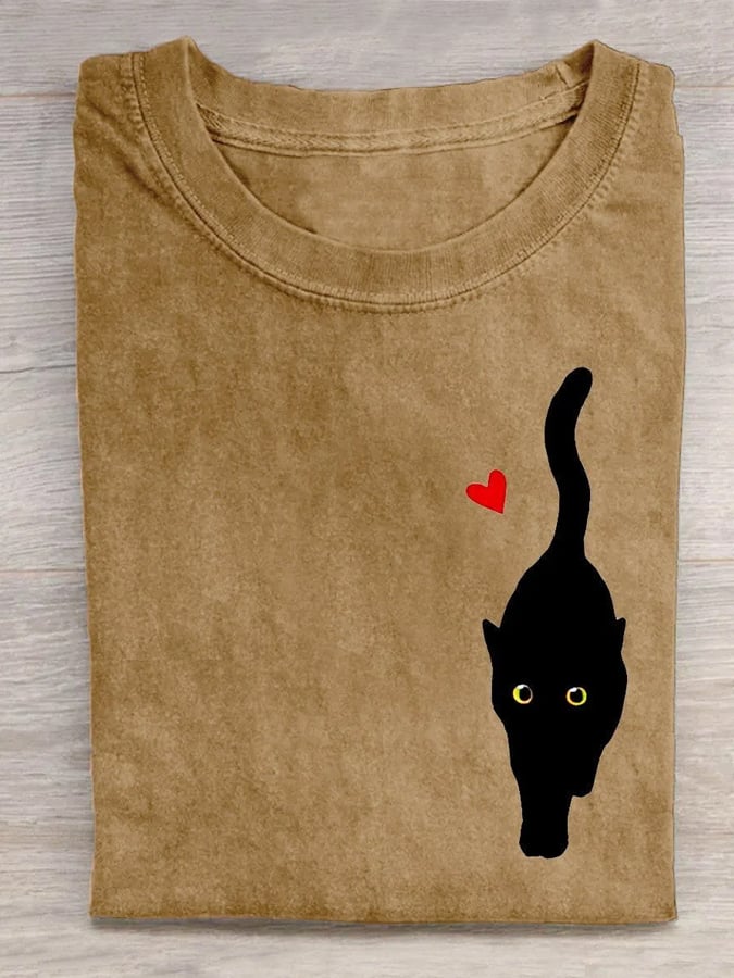 Women's Couple With Hearts And Black Cat Art Print T-Shirt