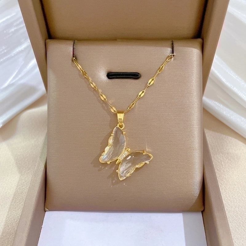 Minimalist Butterfly Titanium Steel Copper Plating Inlay Zircon Pendant Necklace