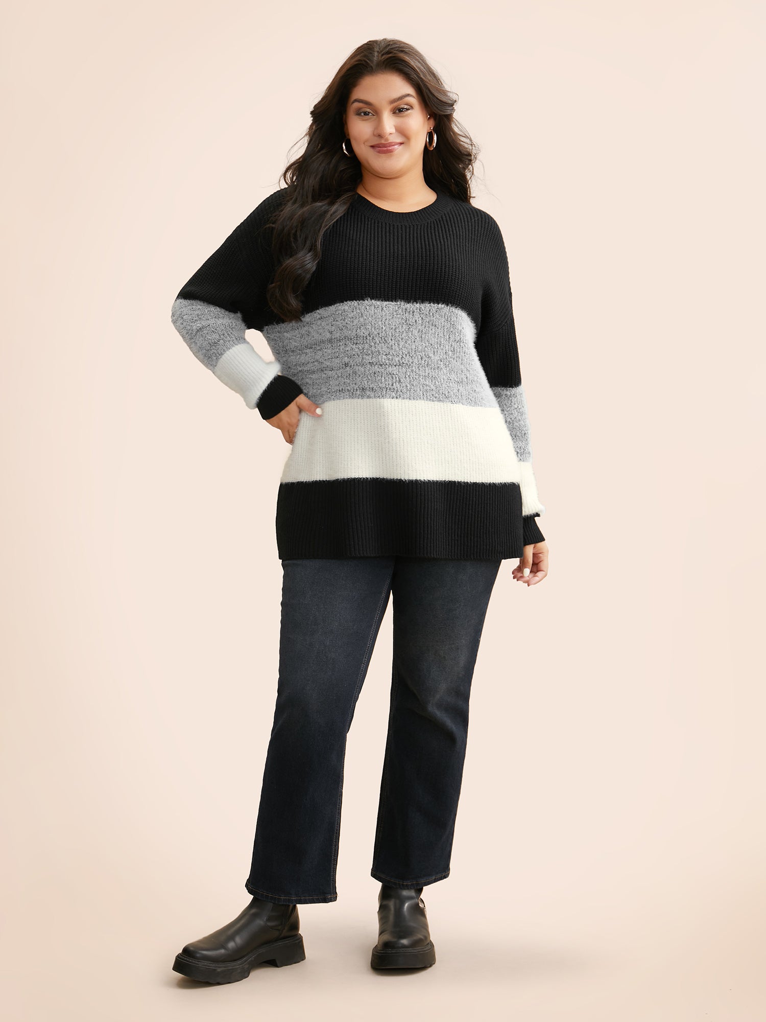 Round Neck Colorblock Contrast Pullover