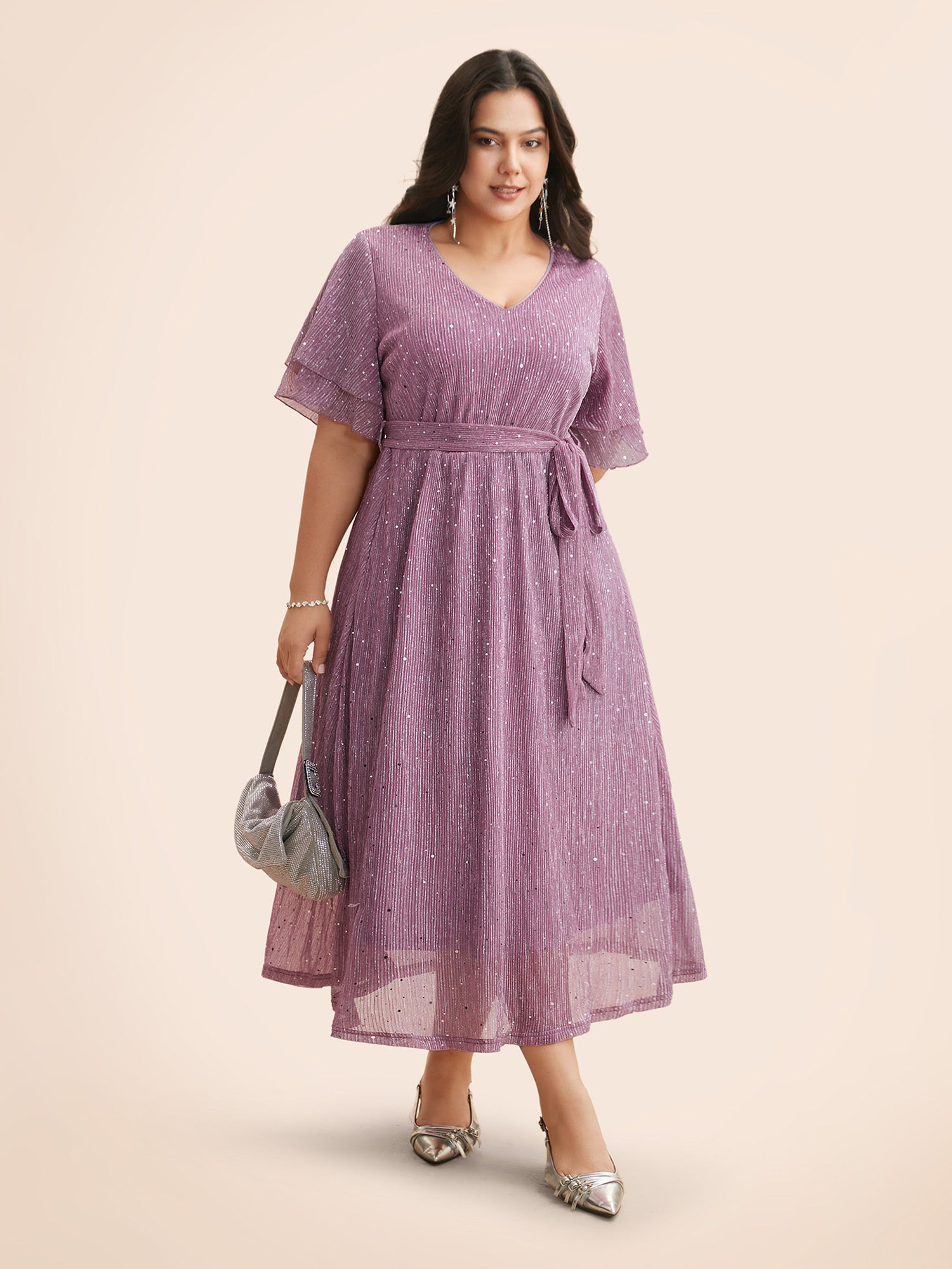 Plain V Neck Mesh Pocket Ruffle Tiered Belted Midi Dress