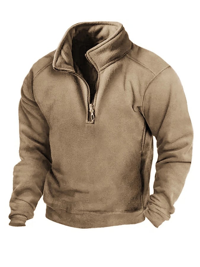 Western Style Stand Collar Zipper Solid Color Men's Sweatshirt
