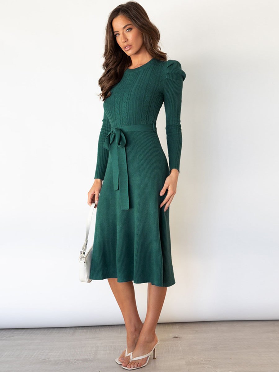 Bubble Sleeve Belt Knit Dress (5 colors)