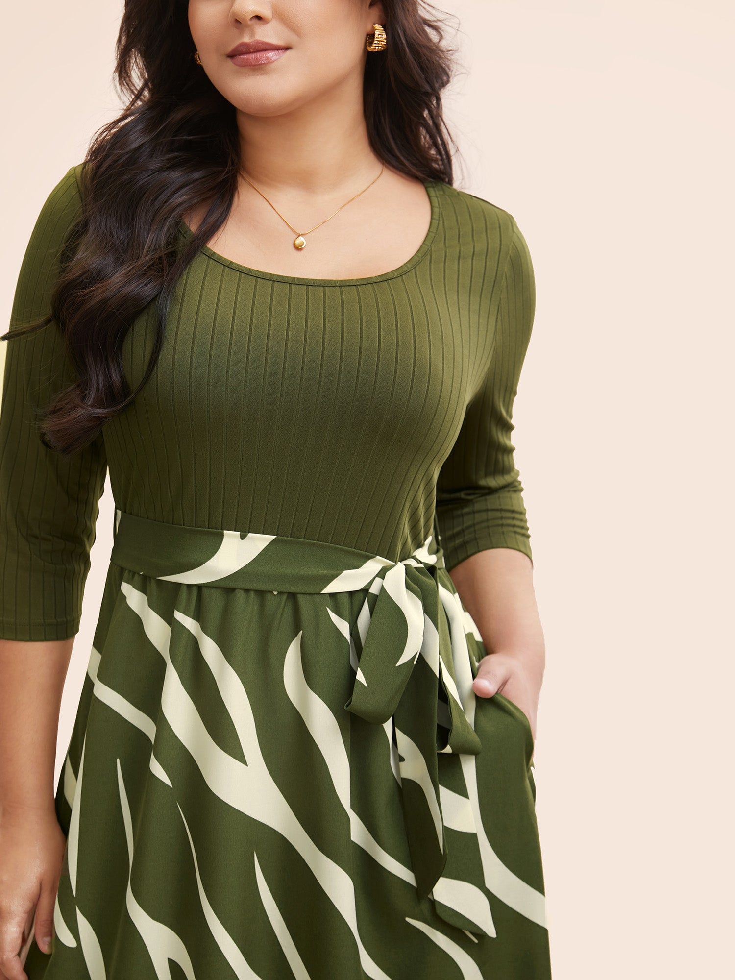 Geometric Texture Patchwork Belted Dress