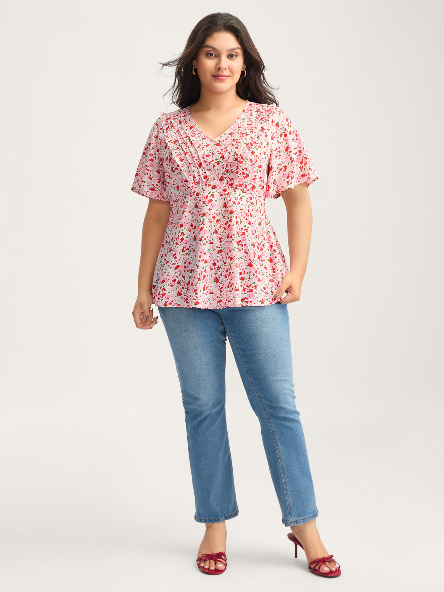 Floral Silver Stamp Shirred Waist Blouse