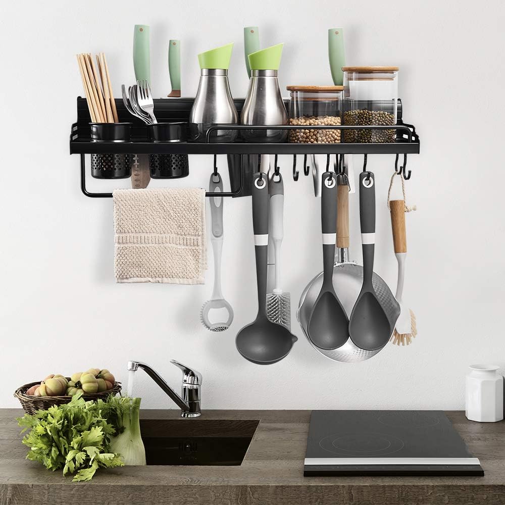 Multifunctional Wall Mounted Kitchen Racks For Cooking Utensil Tools Knife Dinnerware Pantry Storage Cutlery Holder (Black)