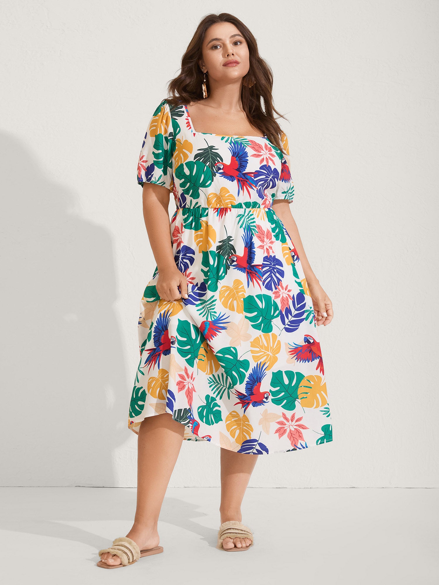 Rayon Groovy Tropical Print Midi Dress