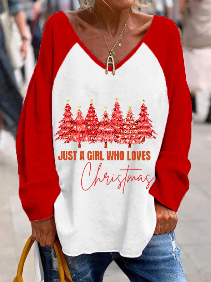 Women's Just A Girl Who Loves Christmas French Velvet V-Neck Top