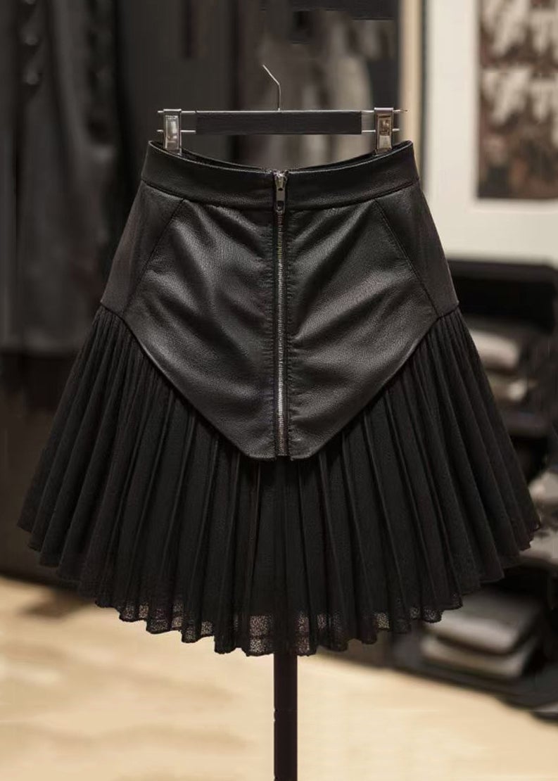 Stylish Black Zippered Wrinkled Patchwork Faux Leather Skirt Summer