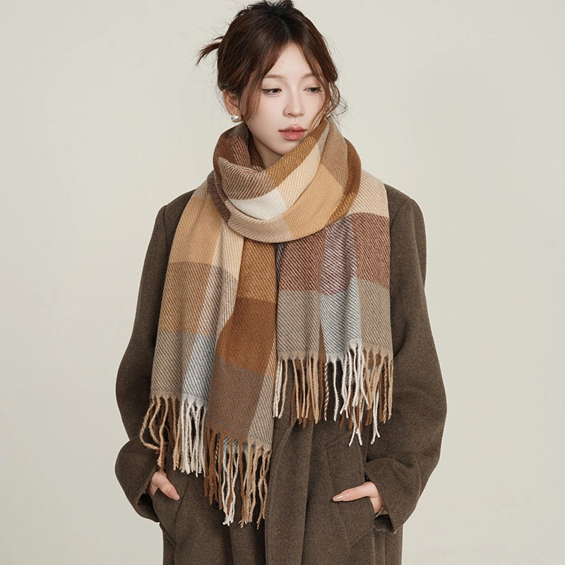 Women's Classic Style Plaid Imitation Cashmere Tassel Scarf