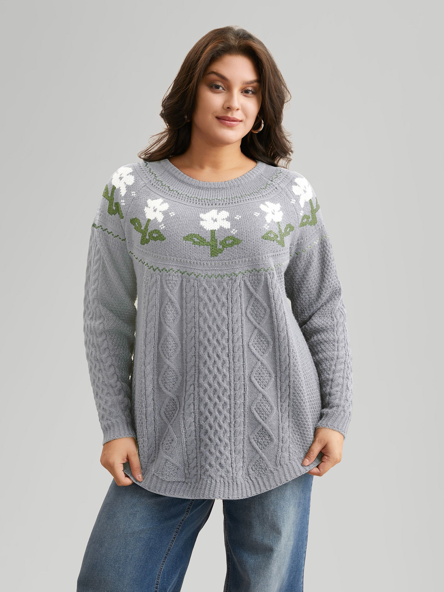 Floral Jacquard Raglan Sleeve Pullover