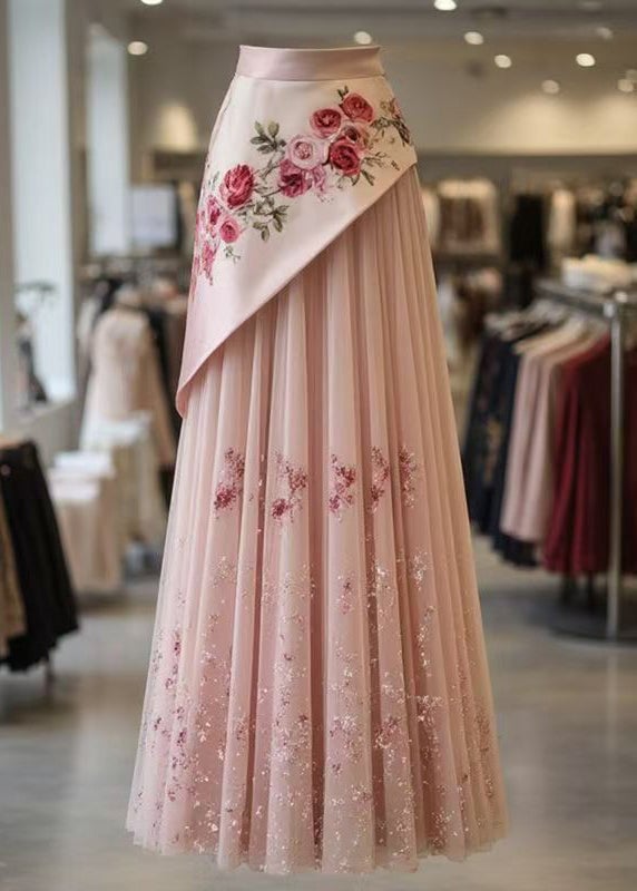 Beautiful Pink Print Wrinkled Tulle Patchwork Skirt Summer