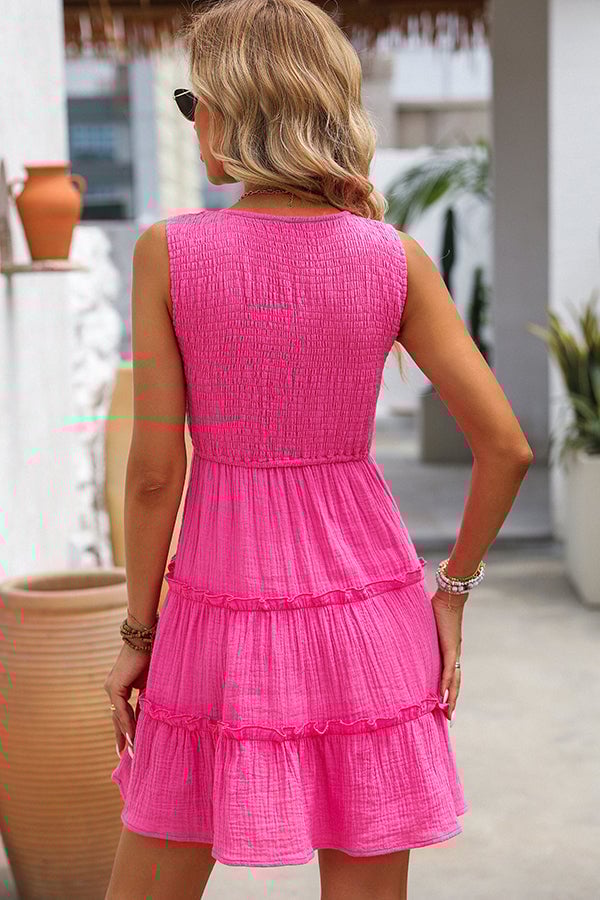 V Neck Smocked Solid Color Frill Sleeveless Mini Dress