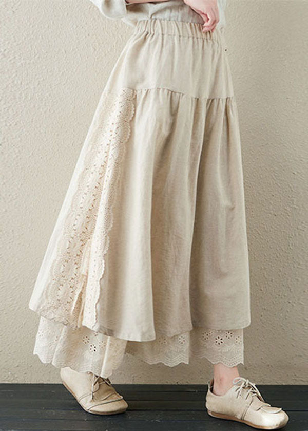 Linen Color Patchwork Linen Fake Two Piece Skirts Wrinkled Embroidered Summer
