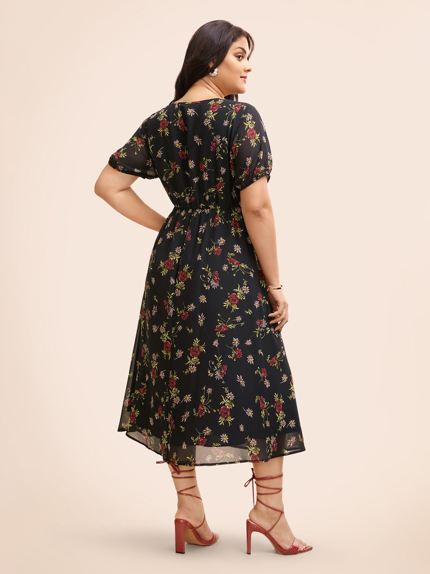 Floral Notched Chiffon Mesh Midi Dress