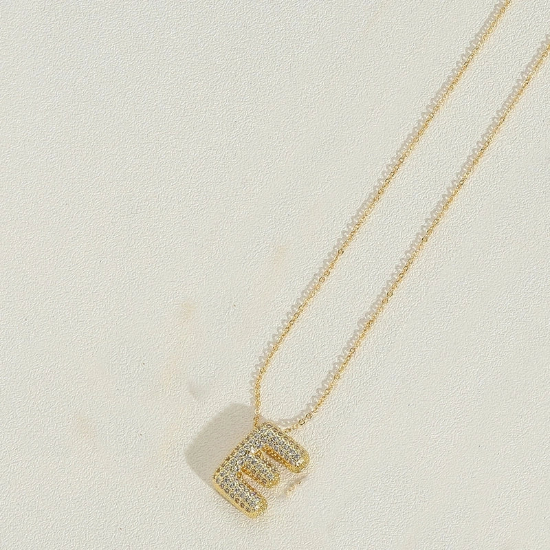 Copper 14K Gold Plated Minimalist Inlay Letter Zircon Pendant Necklace