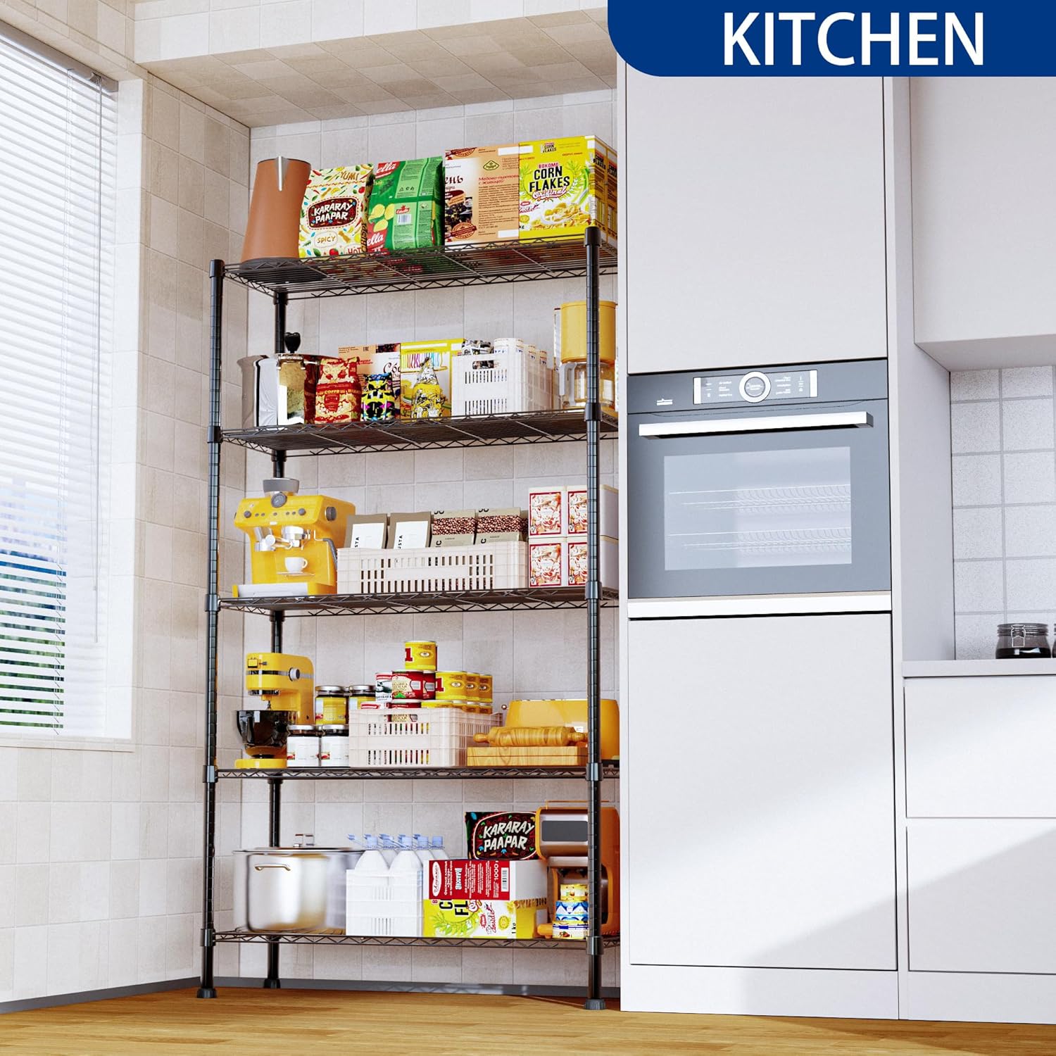 REGILLER 5-Wire Shelving Metal Storage Rack Adjustable Shelves,Standing Storage Shelf Units for Laundry Bathroom Kitchen Pantry Closet(Black,11.8