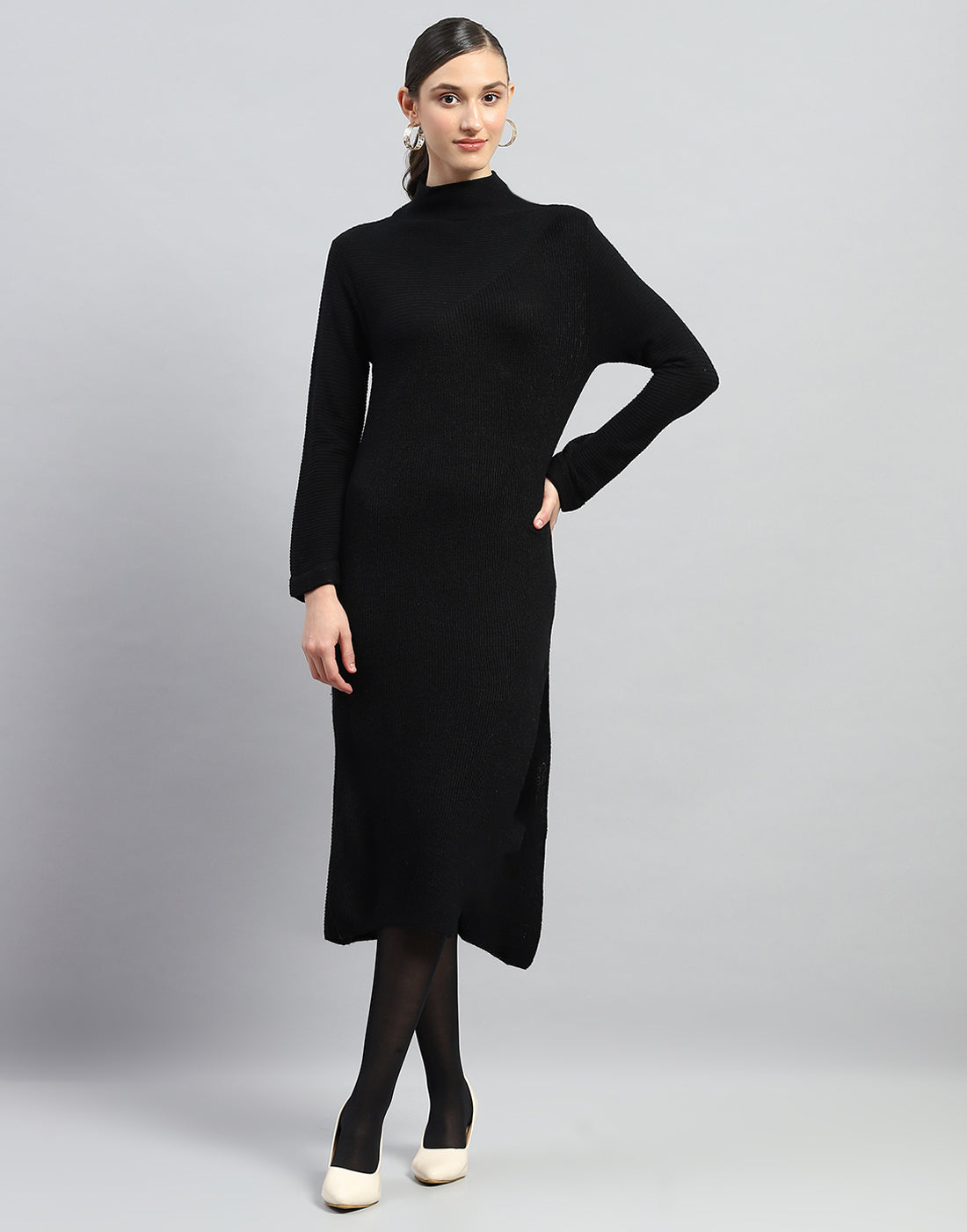 Women Black Self Design Turtle Neck Full Sleeve Dress