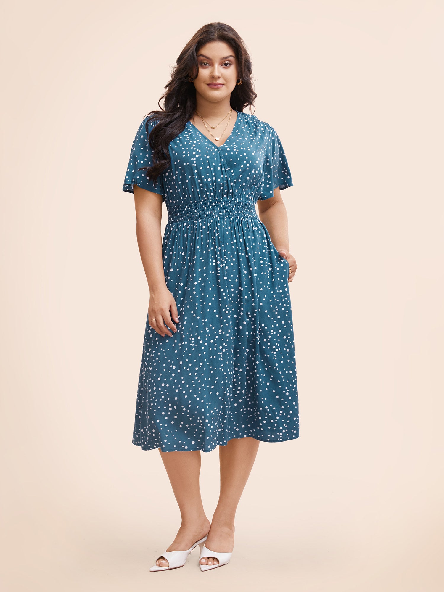 Polka Dot Wrap Pocket Shirred Ruffle Sleeve Dress