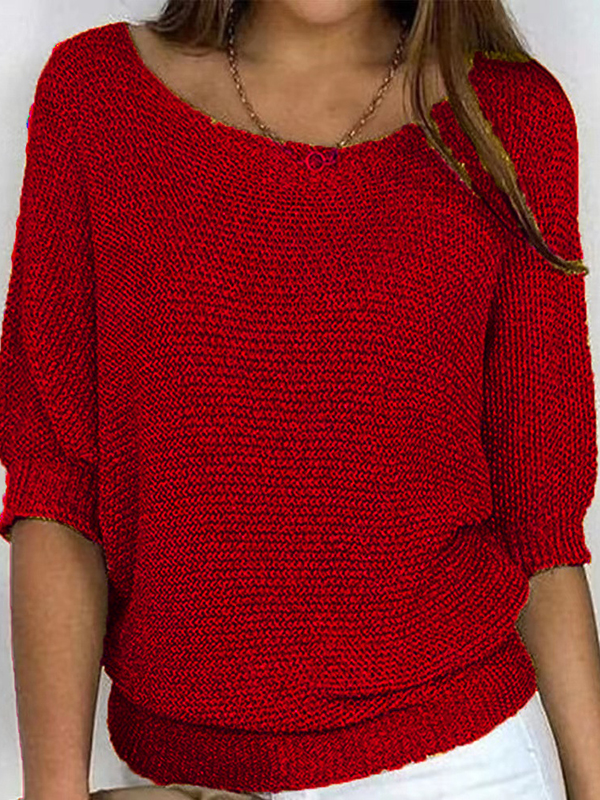 Loose Plus Size Solid Color Split-Joint Round-neck Sweater Tops