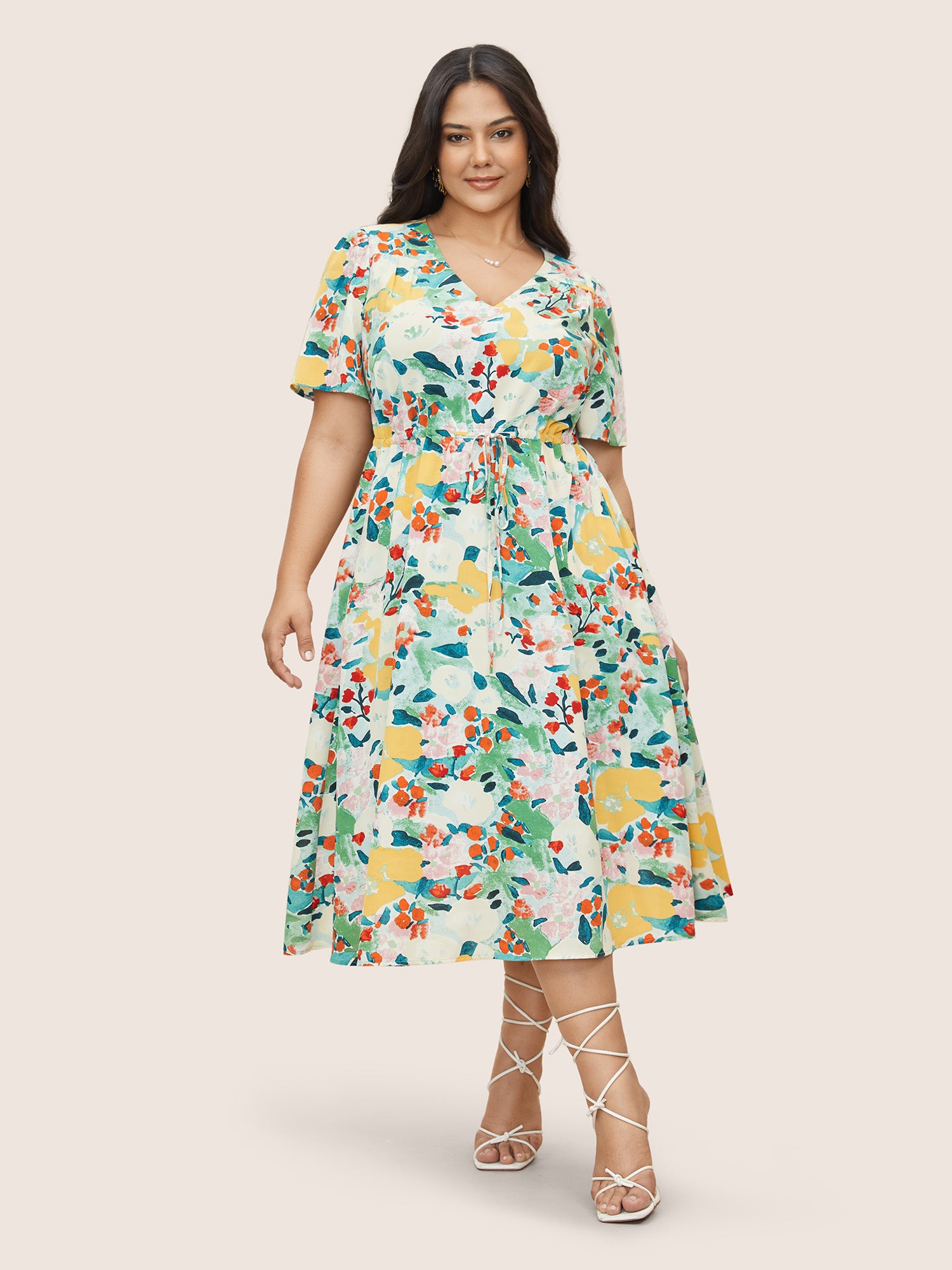 Citrus Lemon Print Drawstring Gathered Dress