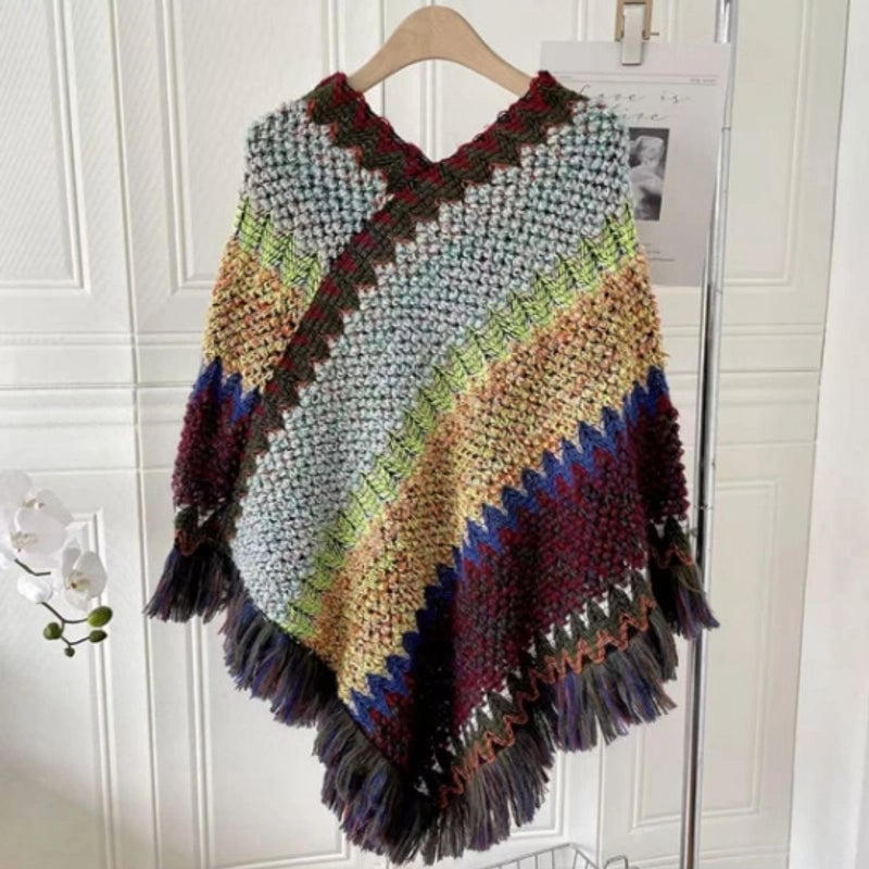 Travel Outside Knitted Shawl Ethnic Style Vintage Cape Cloak Tassel Scarf For Vacation Wear
