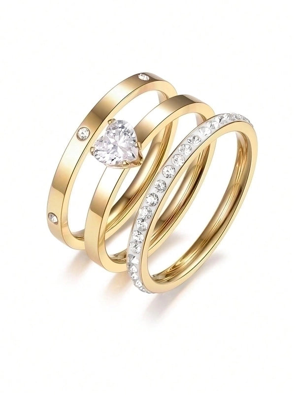 Elegant Minimalist Solid Color 304 Stainless Steel Zircon Gold Plated Plating Inlay Rings